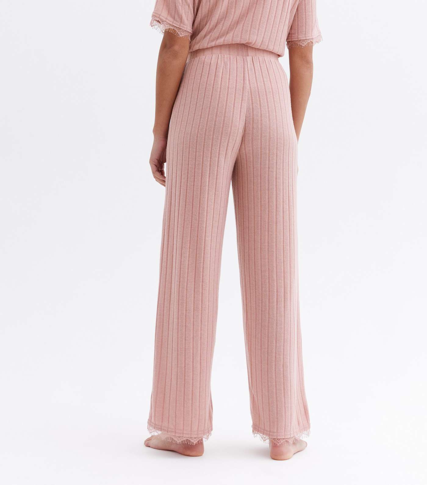 Mid Pink Ribbed Lace Hem Lounge Trousers Image 4