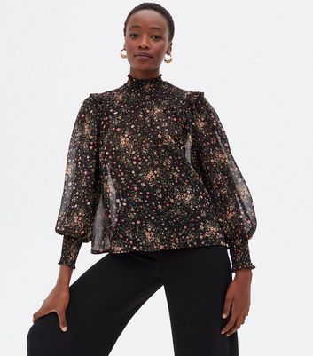 Tall Black Ditsy Floral Chiffon High Neck Puff Sleeve Blouse | New Look