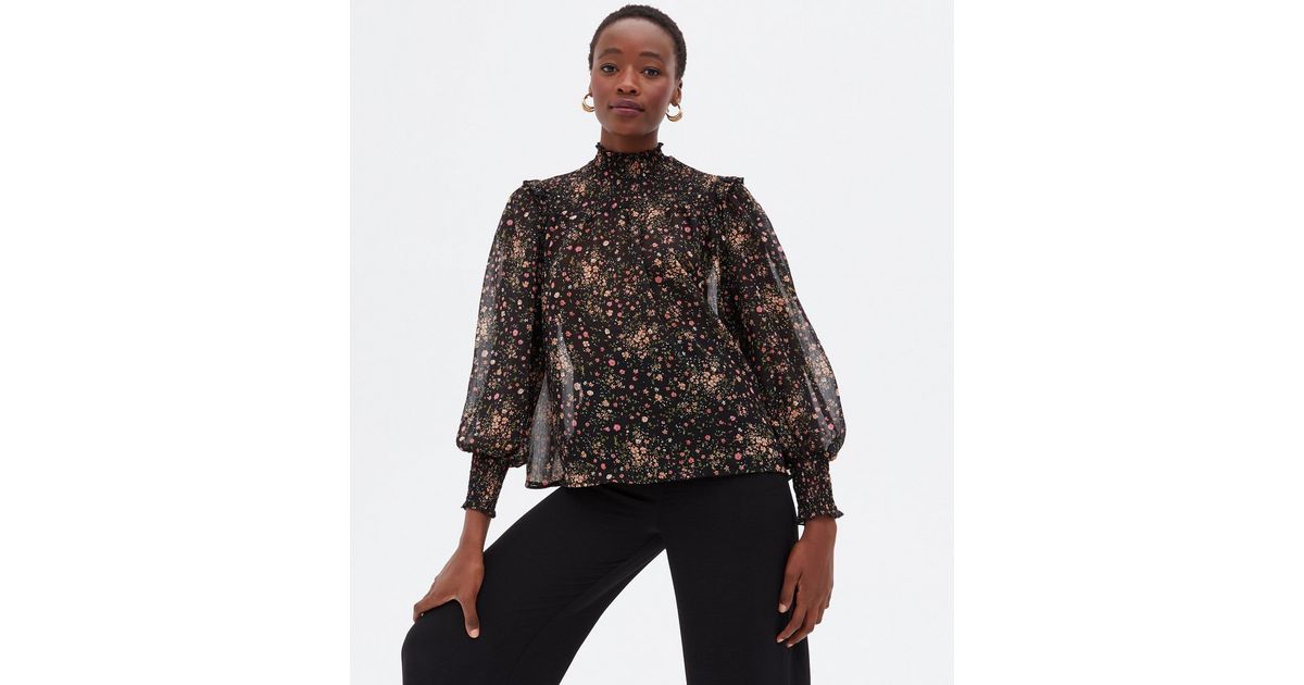Tall Black Ditsy Floral Chiffon High Neck Puff Sleeve Blouse | New Look