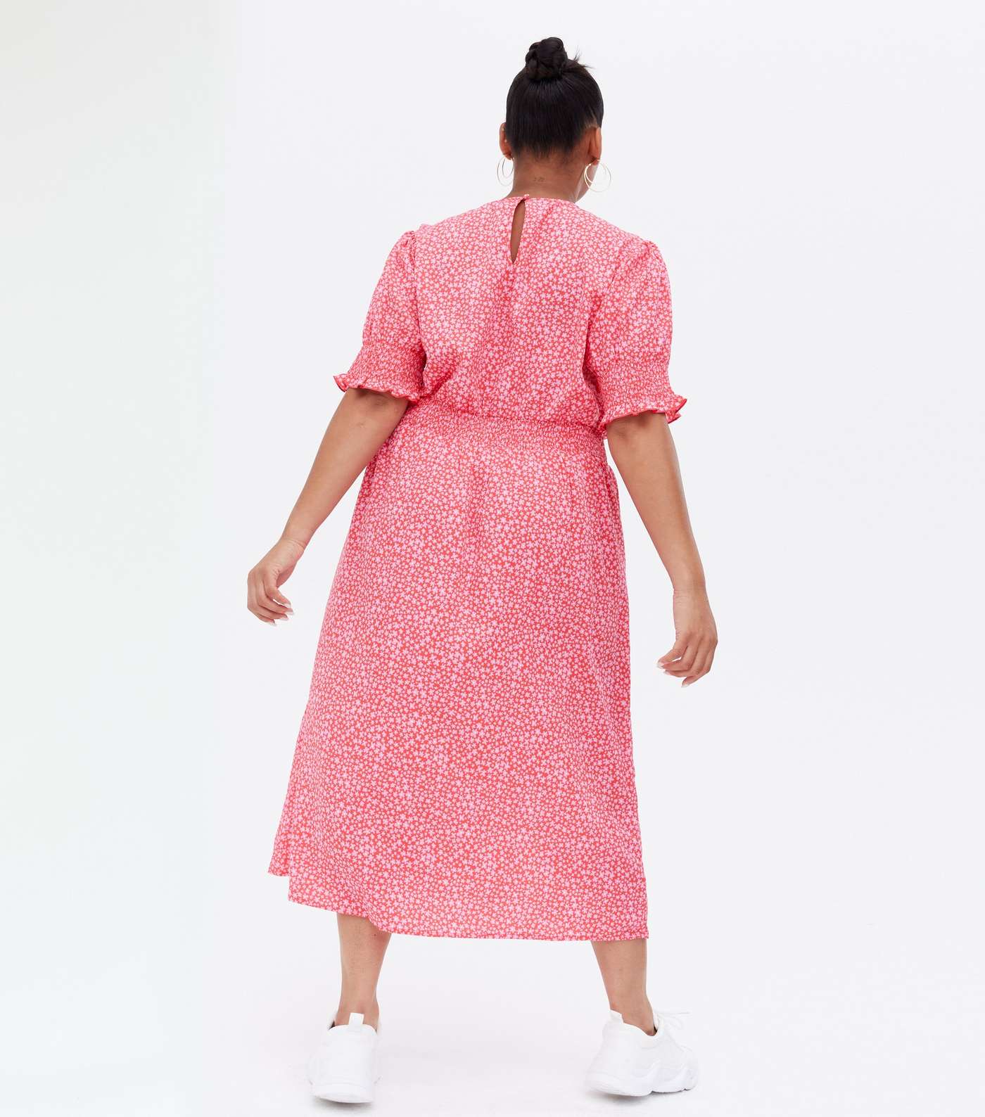 Curves Pink Ditsy Floral Crepe Split Hem Midi Dress Image 4