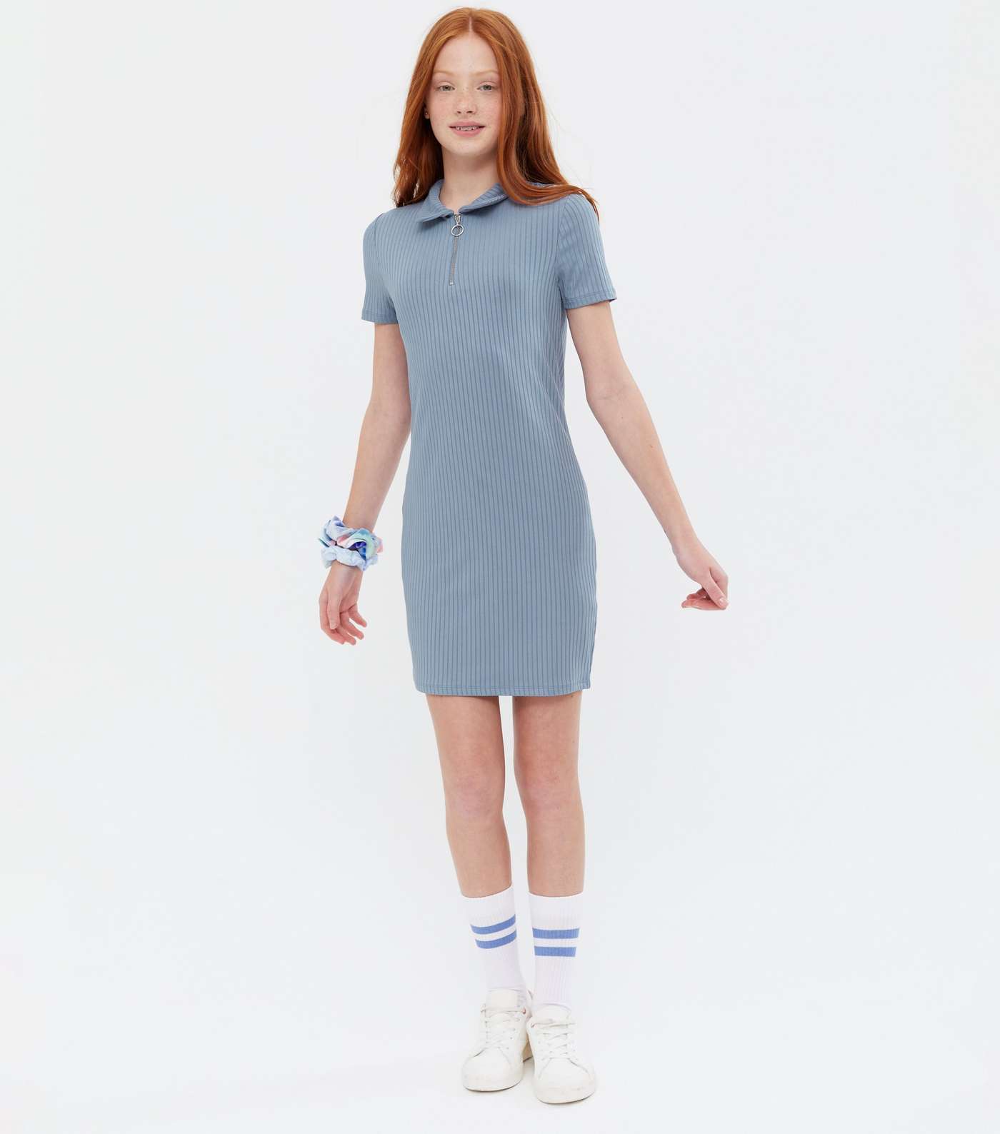 Girls Blue Ribbed Zip Collared Dress Image 2