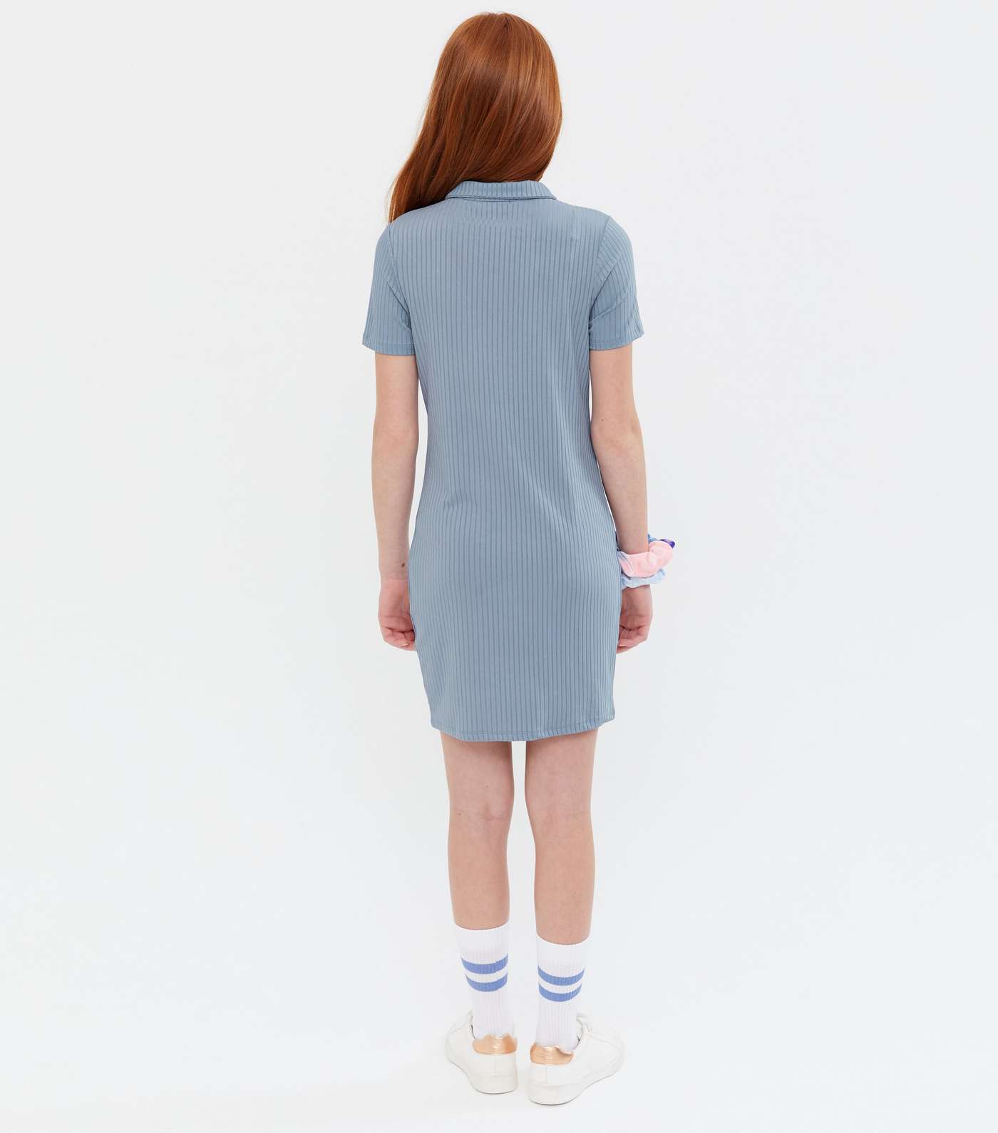 Girls Blue Ribbed Zip Collared Dress Image 4