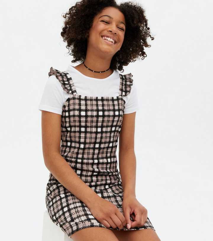 Girls Stone Check 2 in 1 Frill Pinafore Dress | New Look