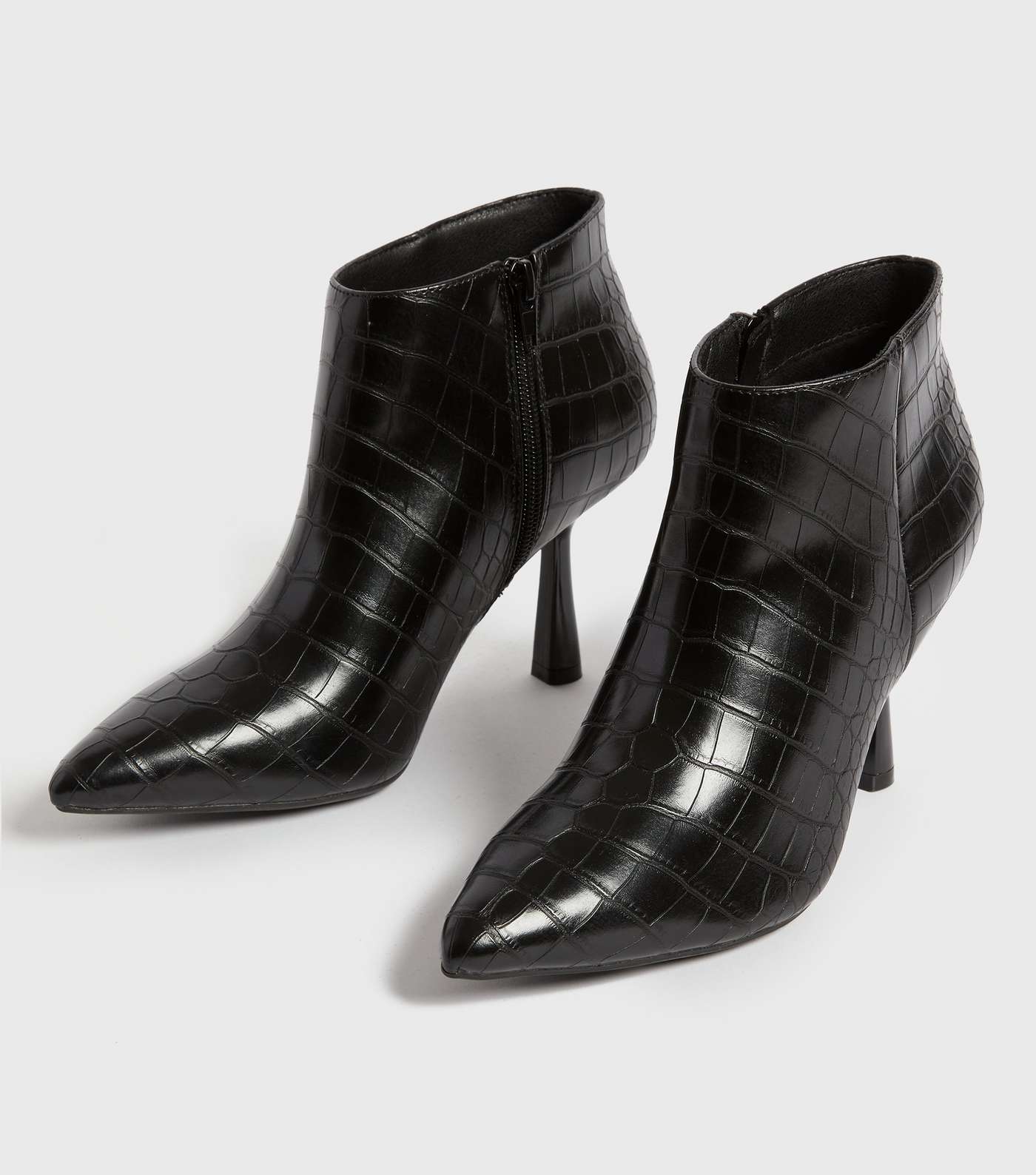 Black Faux Croc Stiletto Heel Shoe Boots Image 3