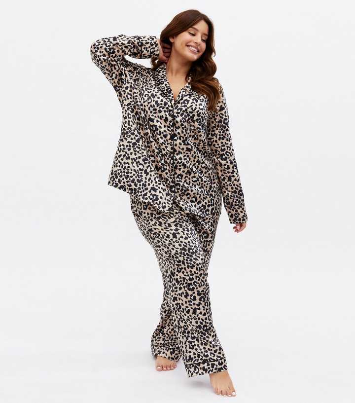 Curves Stone Leopard Print Satin Shirt and Trouser Pyjama Set