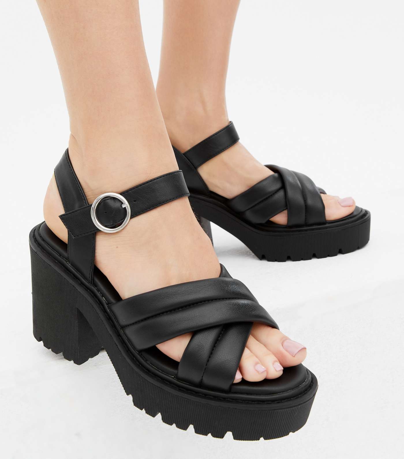 Black Leather-Look Cross Strap Chunky Block Heel Sandals Image 2