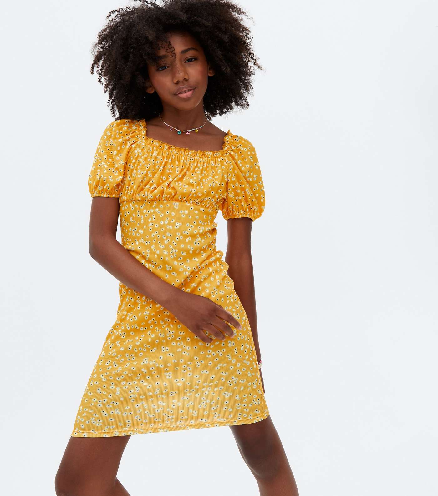 Girls Yellow Ditsy Floral Ruched Mini Dress