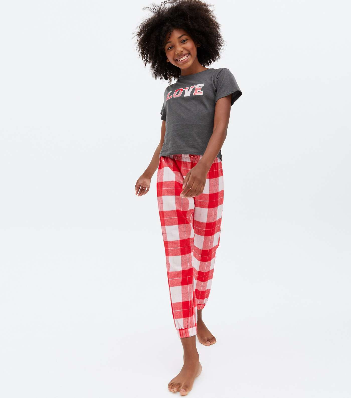 Girls Red Check Love Embroidered Jogger Pyjama Set