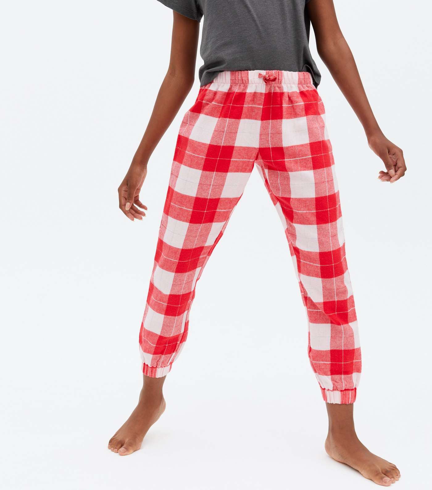 Girls Red Check Love Embroidered Jogger Pyjama Set Image 3
