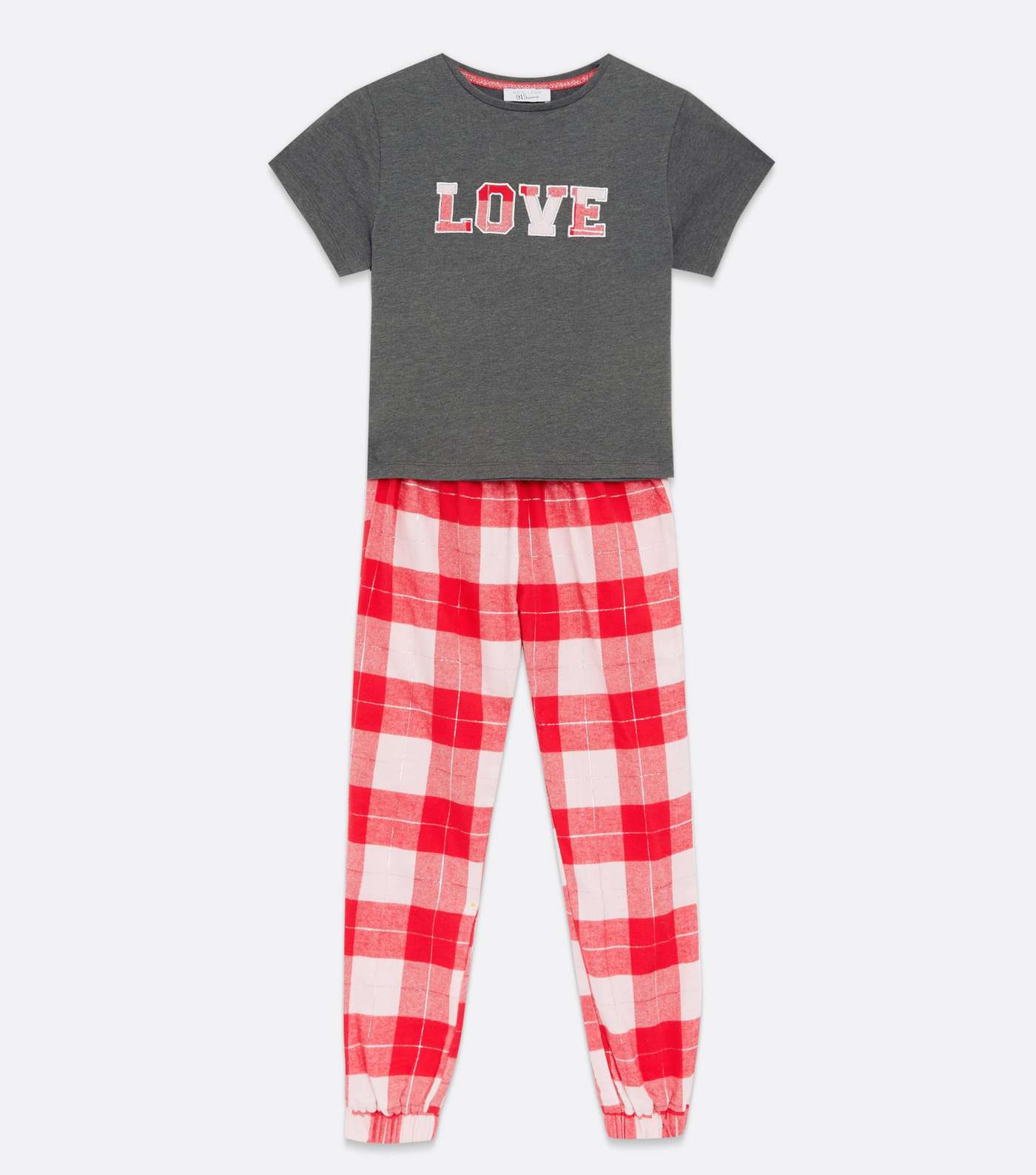 Girls Red Check Love Embroidered Jogger Pyjama Set Image 5