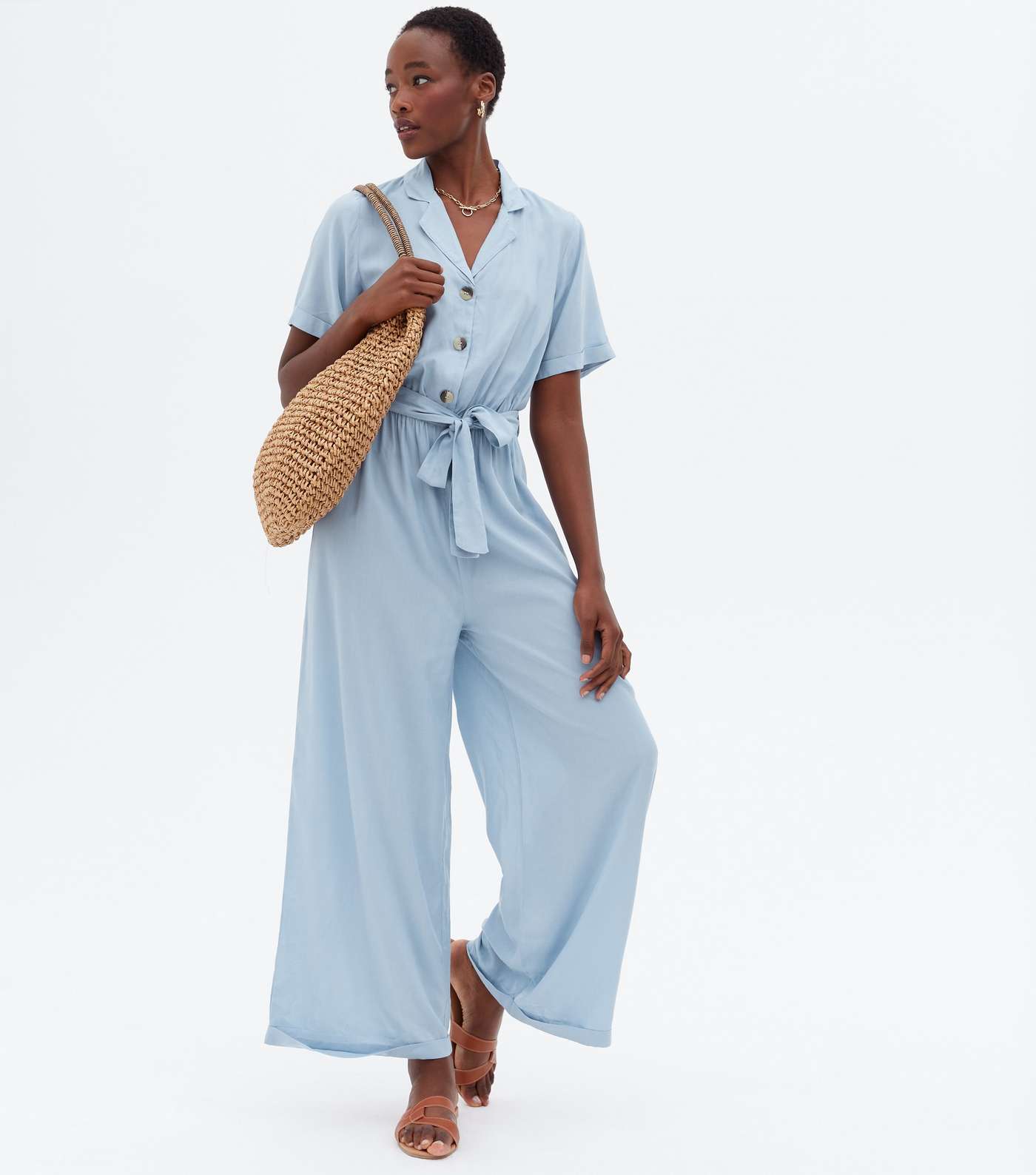 Tall Pale Blue Revere Collar Belted Jumpsuit Image 2