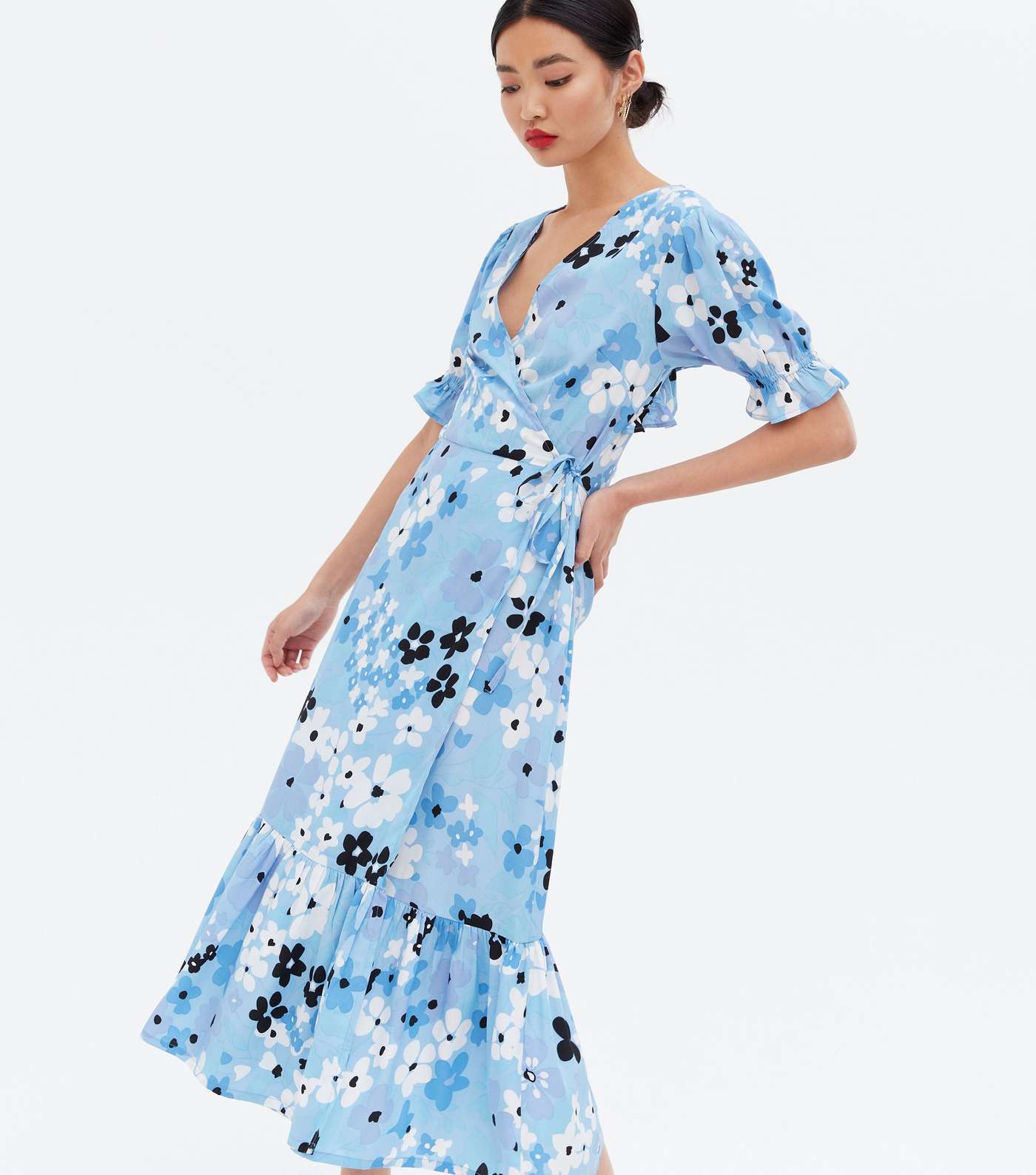 Blue Floral Tiered Midi Wrap Dress