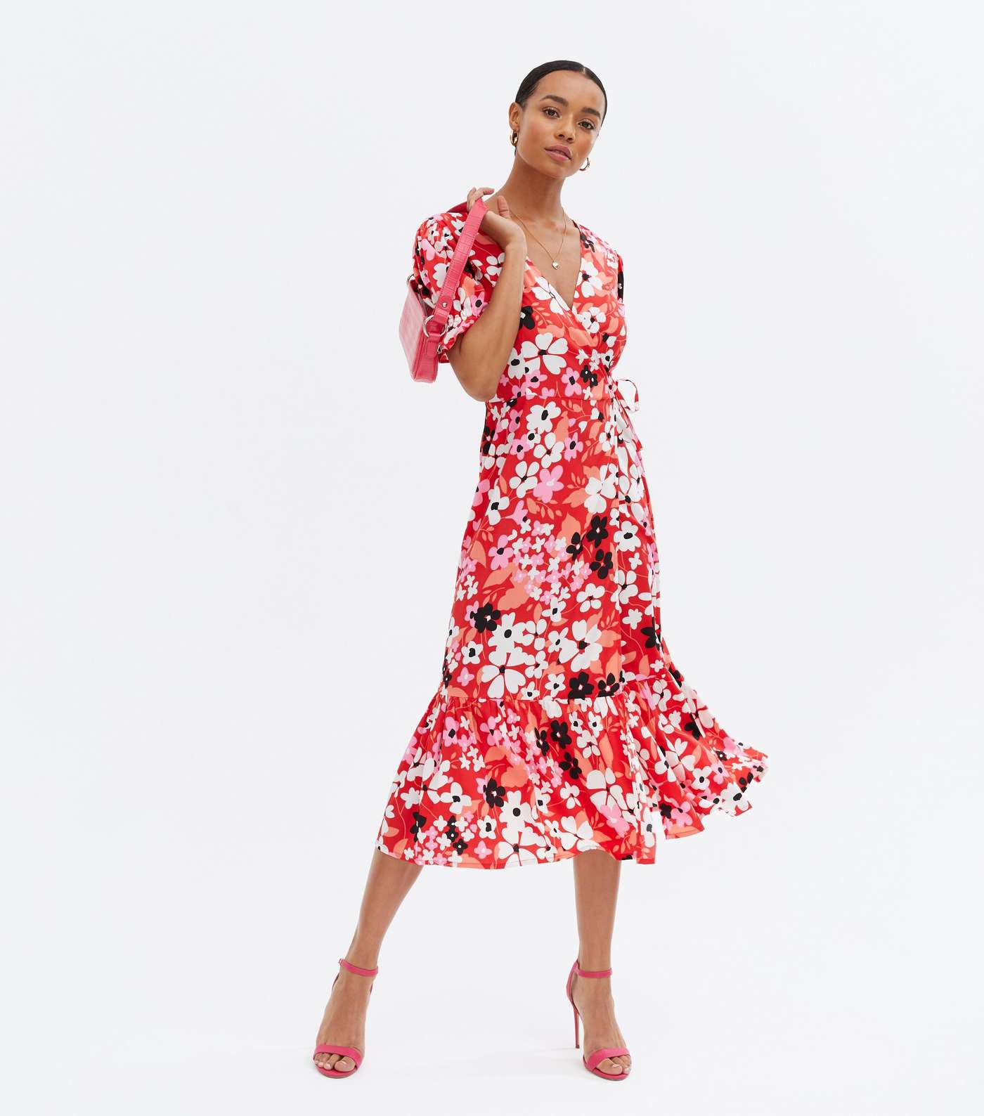 Red Floral Tiered Midi Wrap Dress