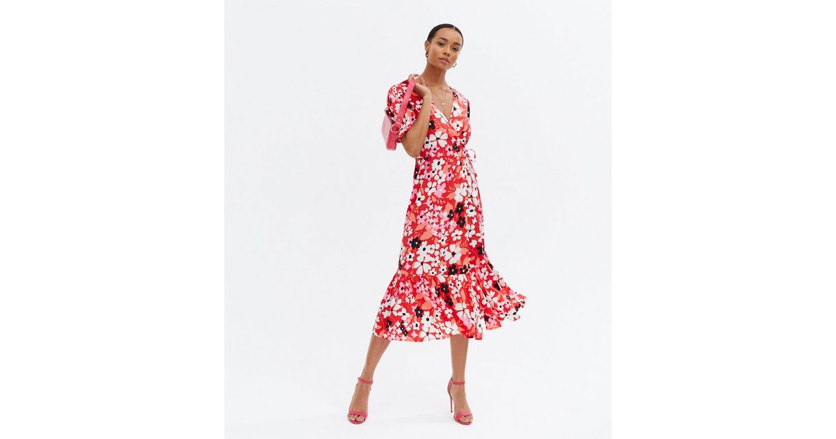 Red Floral Tiered Midi Wrap Dress | New Look