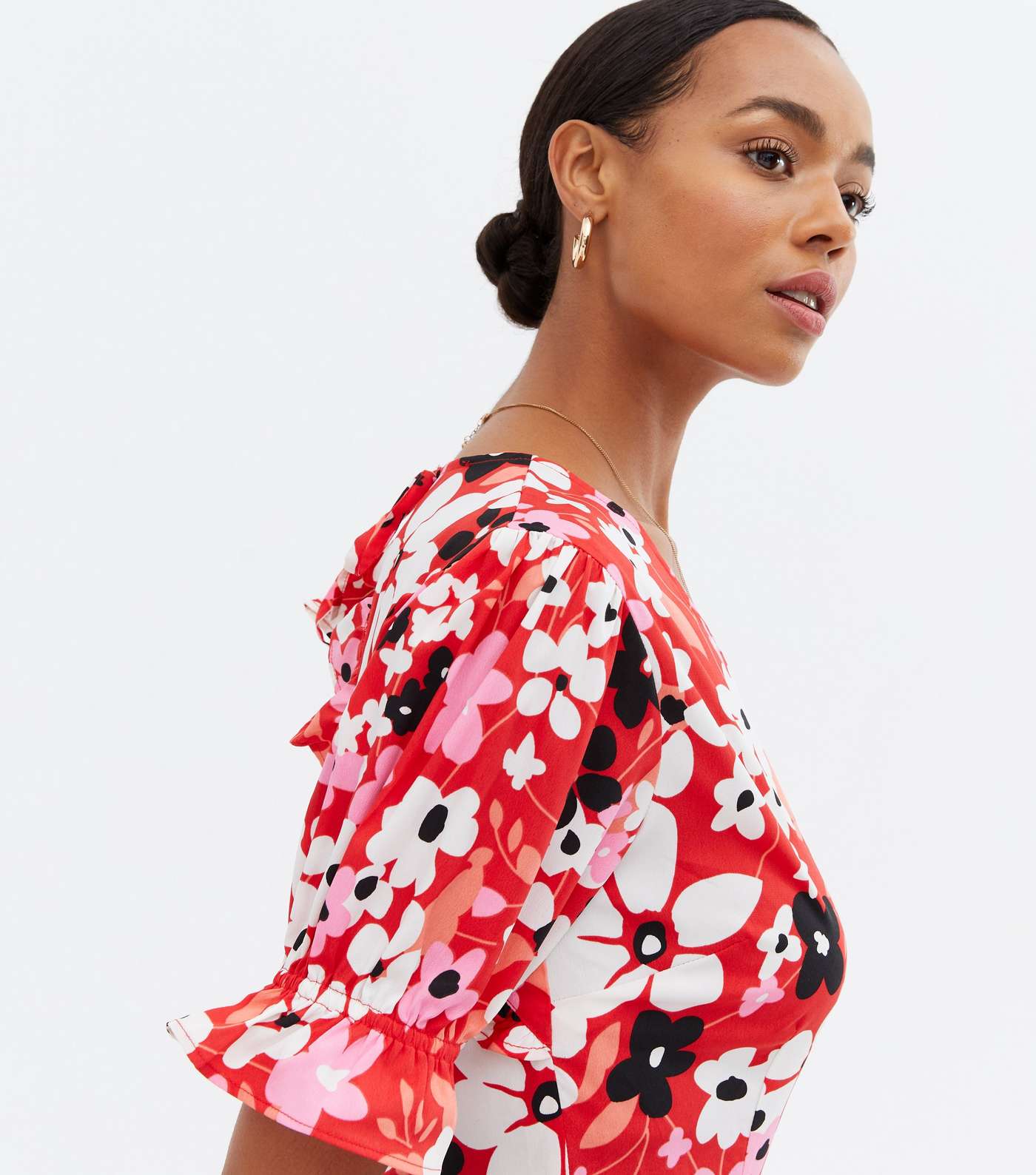 Red Floral Tiered Midi Wrap Dress Image 3