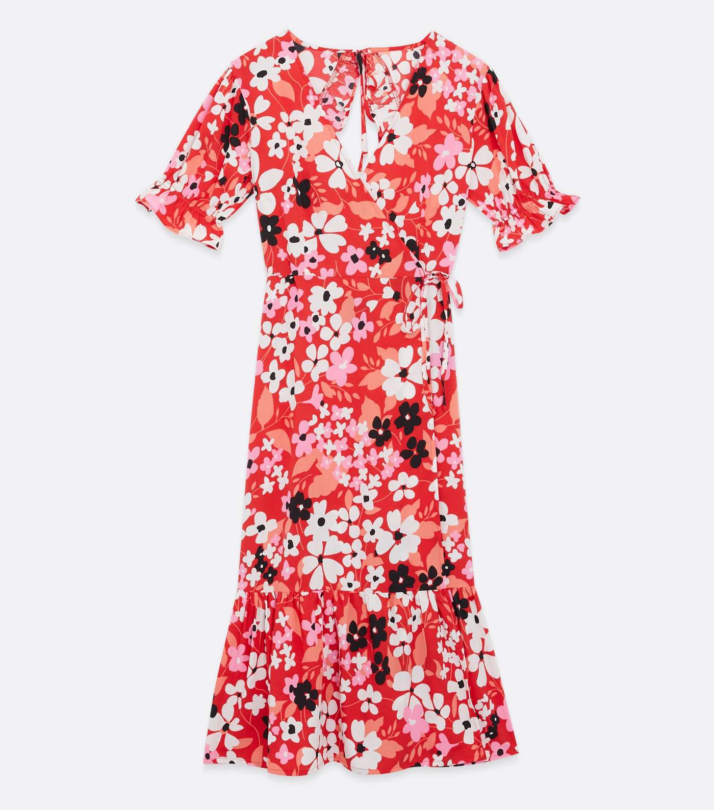 Red Floral Tiered Midi Wrap Dress Image 5