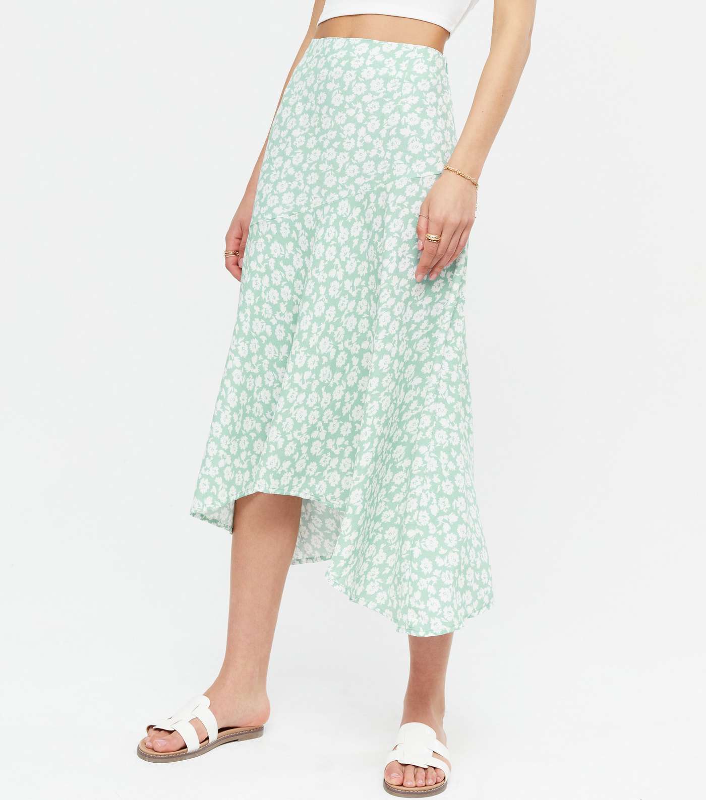 Blue Vanilla Mint Green Floral Asymmetric Hem Midi Skirt Image 2