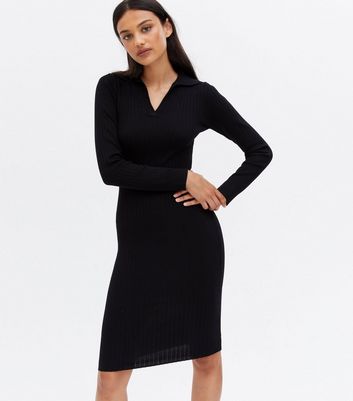 Blue Vanilla Black Ribbed Collared Midi 