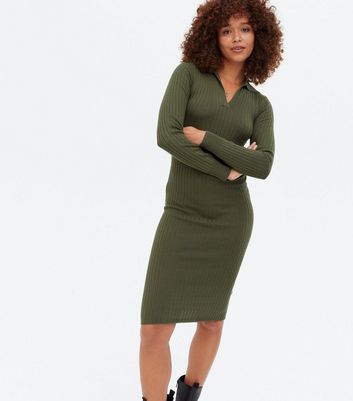 Blue Vanilla Khaki Ribbed Collared Midi Dress New Look