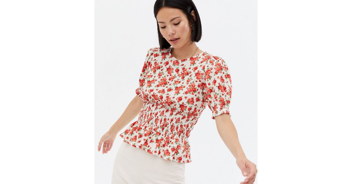 White Floral Shirred Peplum Blouse New Look 2054