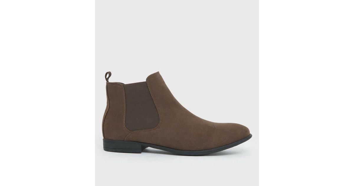 Dark Brown Suedette Round Toe Chelsea Boots | New Look