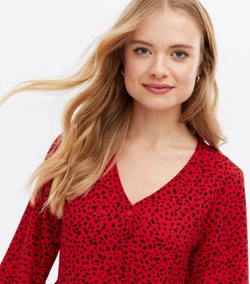 Click to view product details and reviews for Red Animal Print Button Mini Oversized Smock Dress New Look.