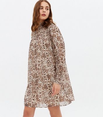 Brown Leopard Print Chiffon Shirred High Neck Mini Dress New Look