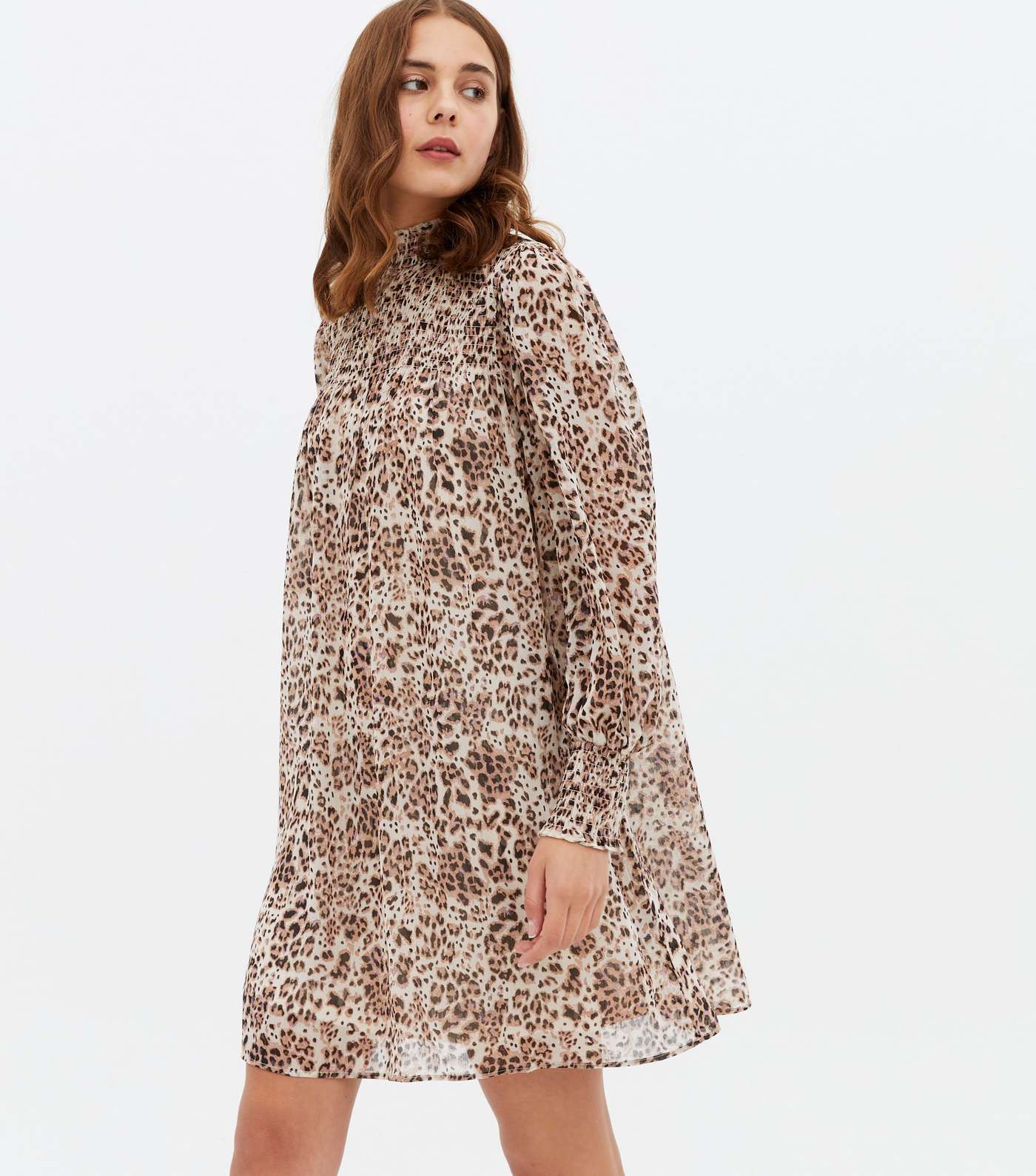 Brown Leopard Print Chiffon Shirred High Neck Mini Dress