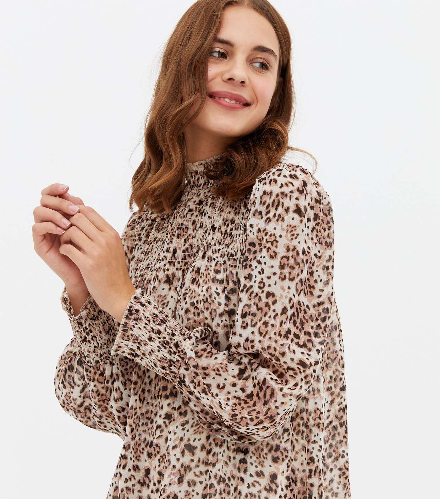 Brown Leopard Print Chiffon Shirred High Neck Mini Dress Image 3
