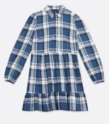 Blue Check Mini Smock Shirt Dress | New 