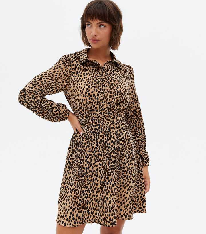 Brown Animal Print Frill Collar Mini Shirt Dress