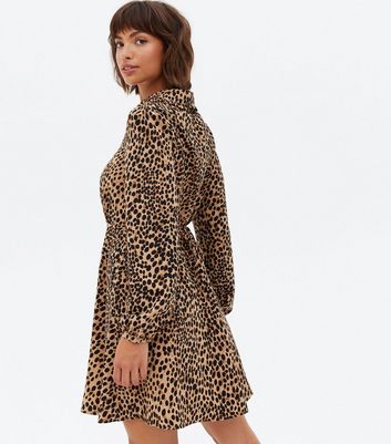 Brown Animal Print Frill Collar Mini Shirt Dress New Look