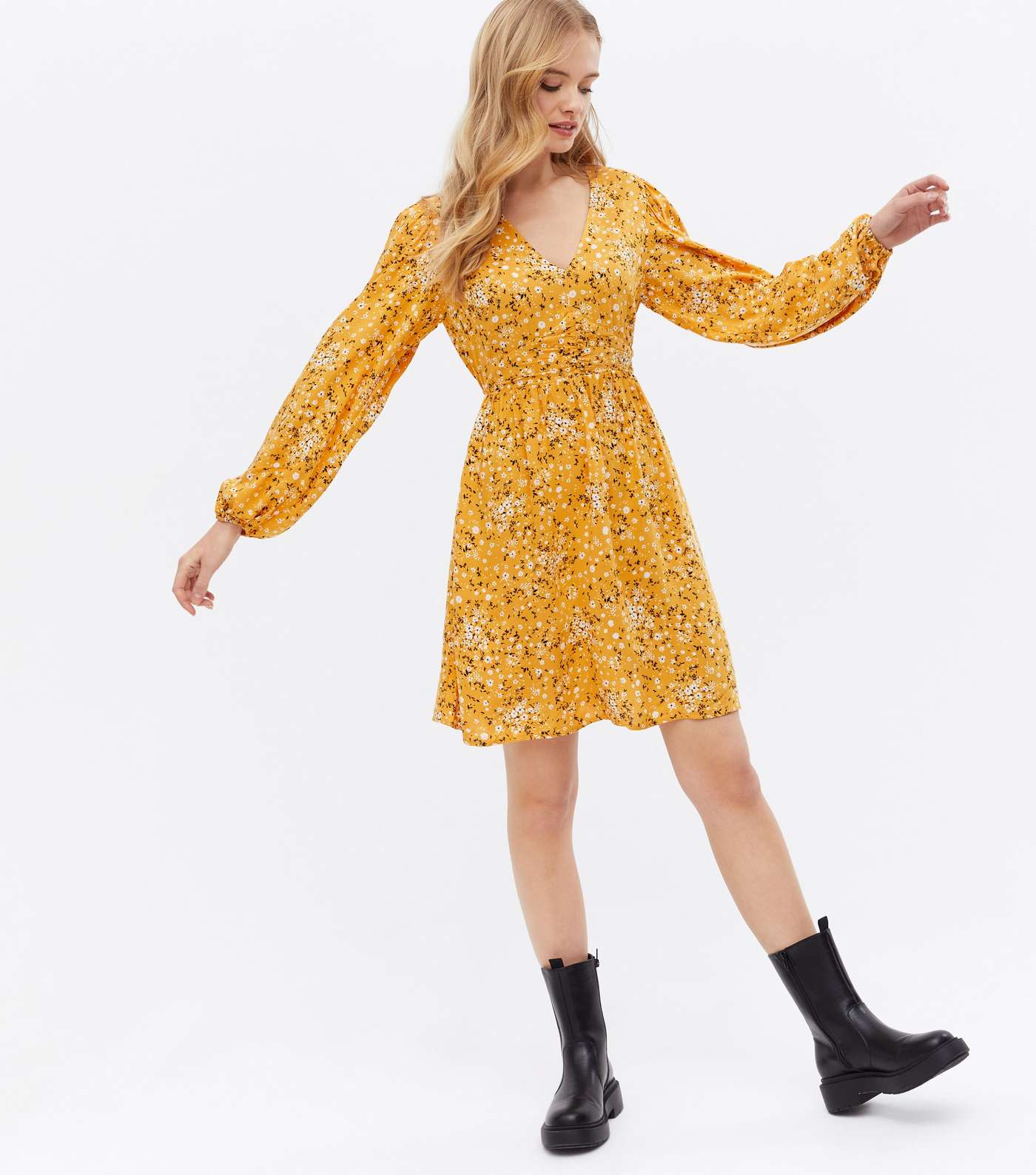 Yellow Ditsy Floral Puff Sleeve Button Mini Dress Image 2
