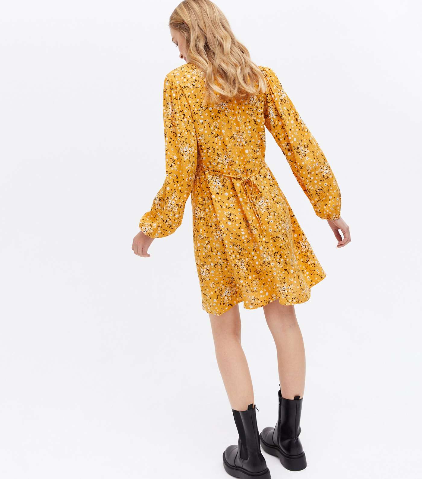 Yellow Ditsy Floral Puff Sleeve Button Mini Dress Image 4