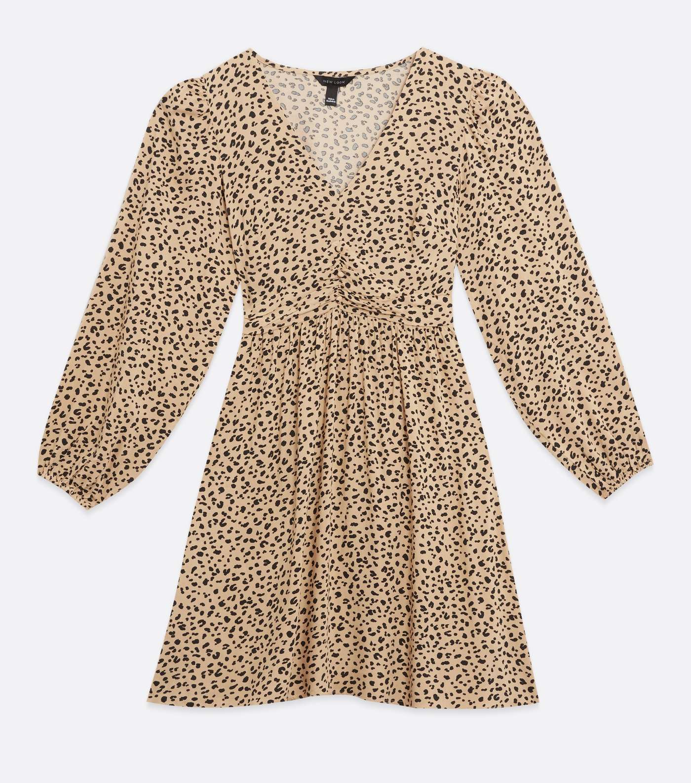 Brown Leopard Print Ruched Long Sleeve Mini Dress Image 5