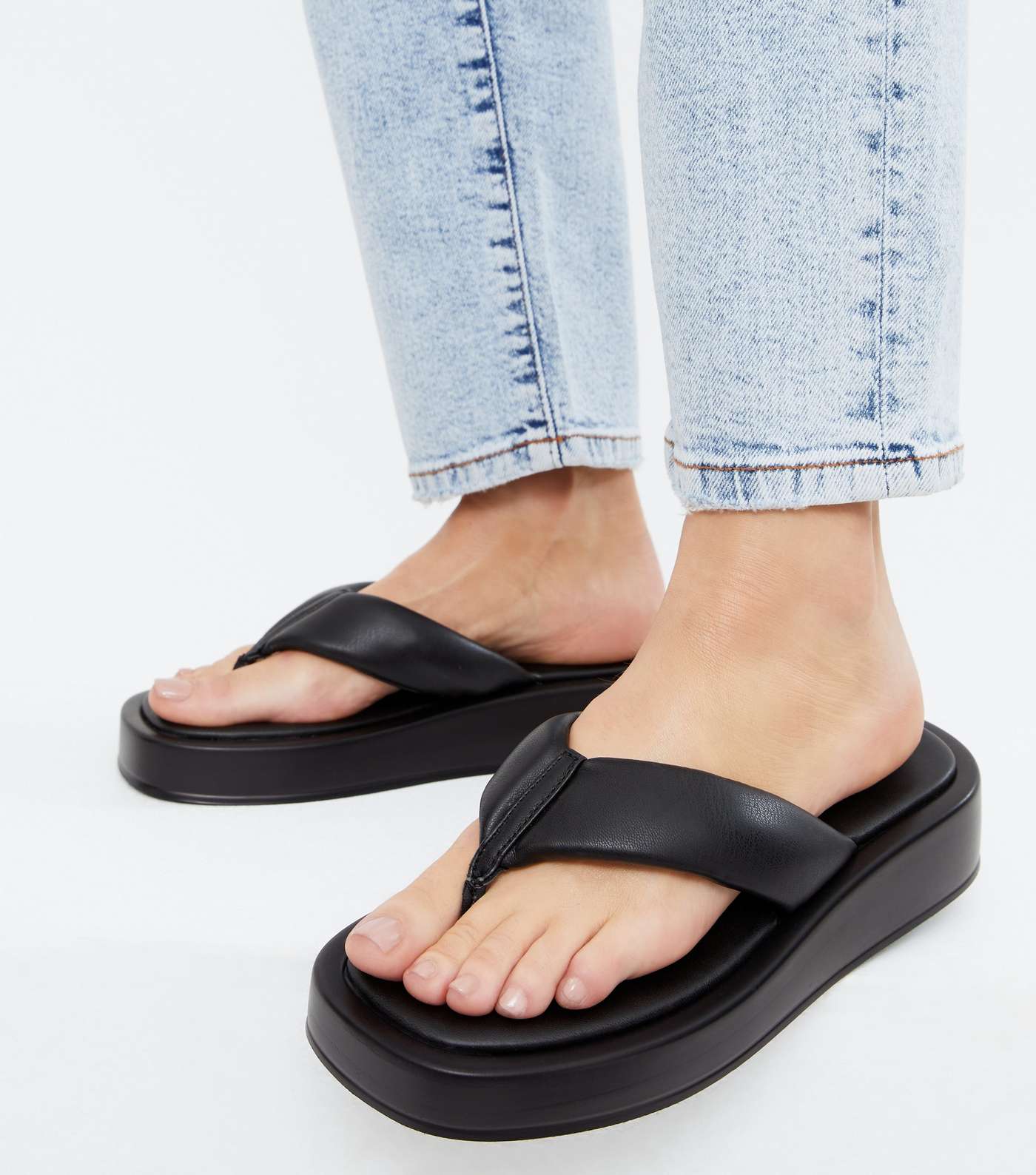 Black Leather-Look Padded Chunky Flip Flops Image 2
