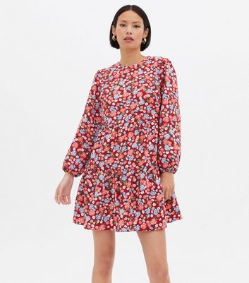 Red Ditsy Floral Long Sleeve Mini Oversized Smock Dress