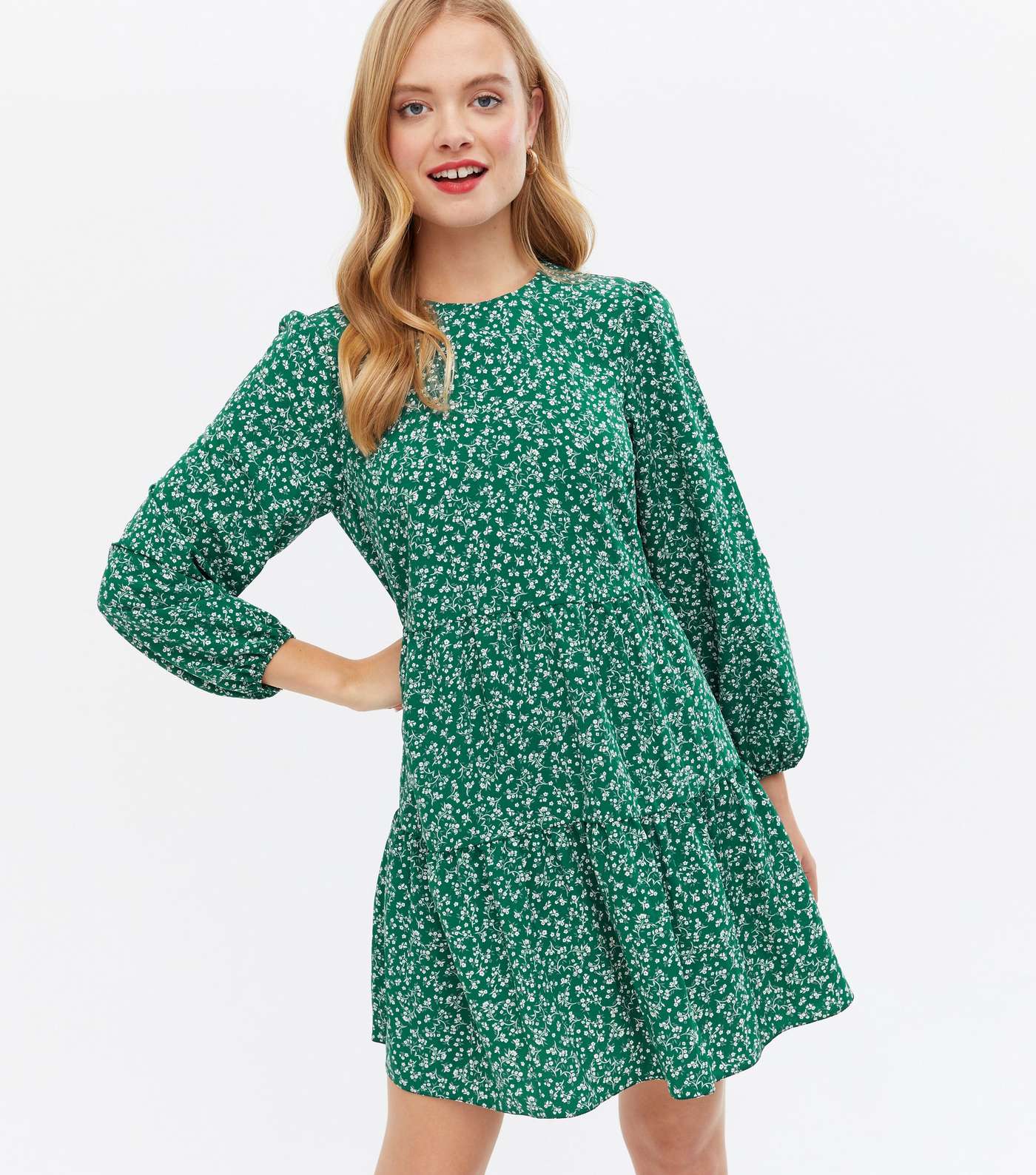 Green Floral Tiered Mini Oversized Smock Dress