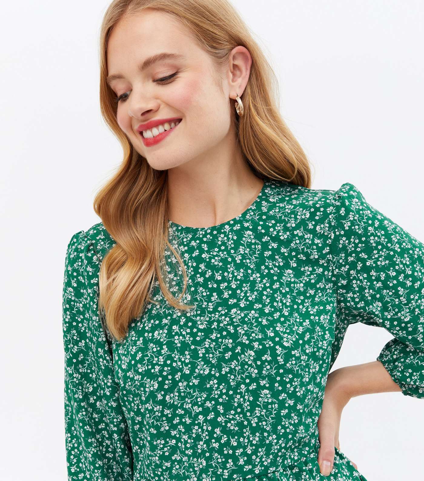 Green Floral Tiered Mini Oversized Smock Dress Image 3