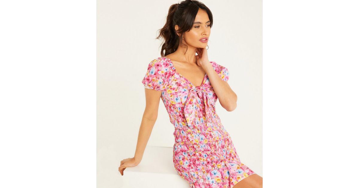 QUIZ Pink Floral Shirred Tie Front Mini Dress New Look