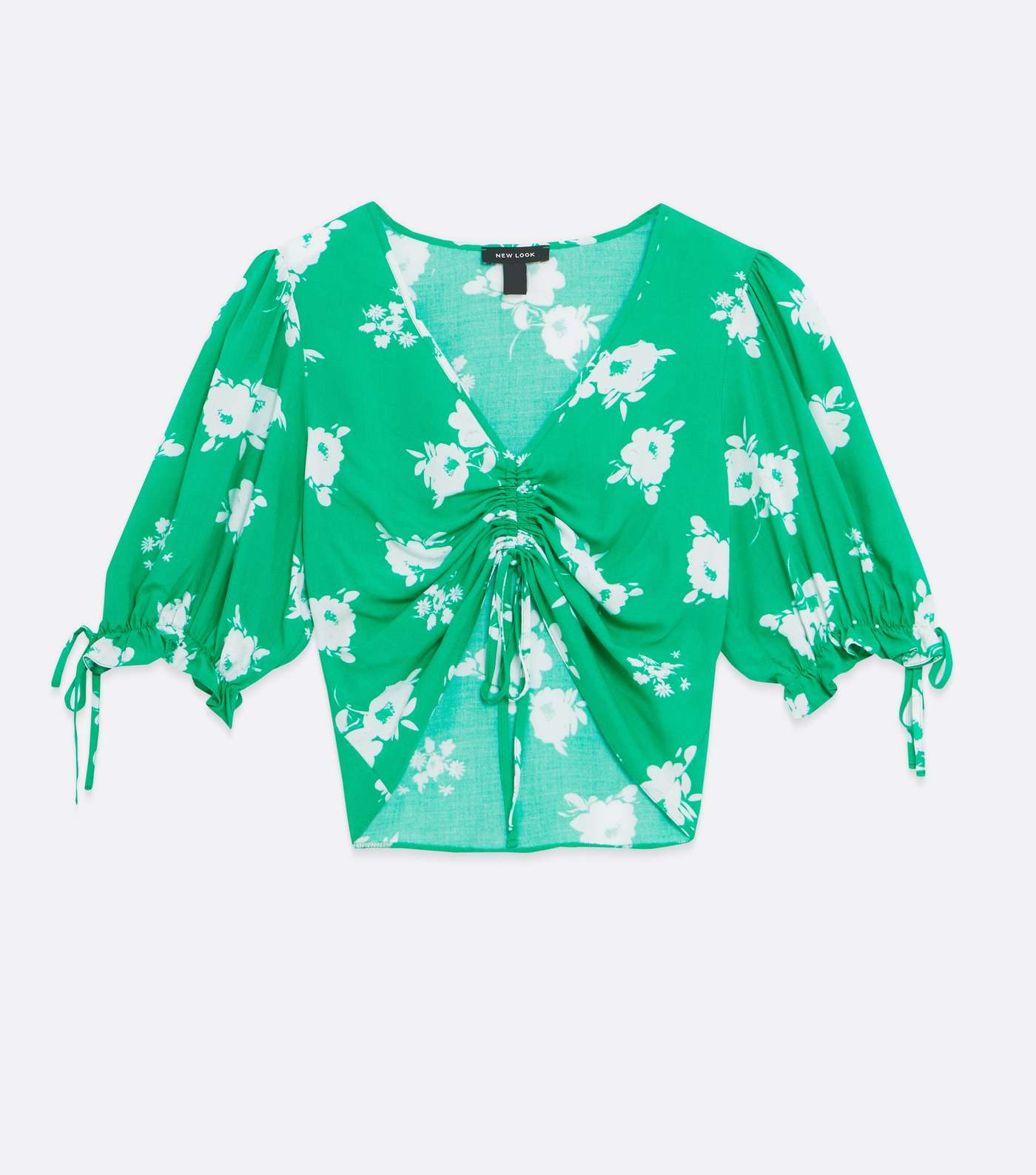 Green Floral Ruched Tie Front Crop Blouse Image 5