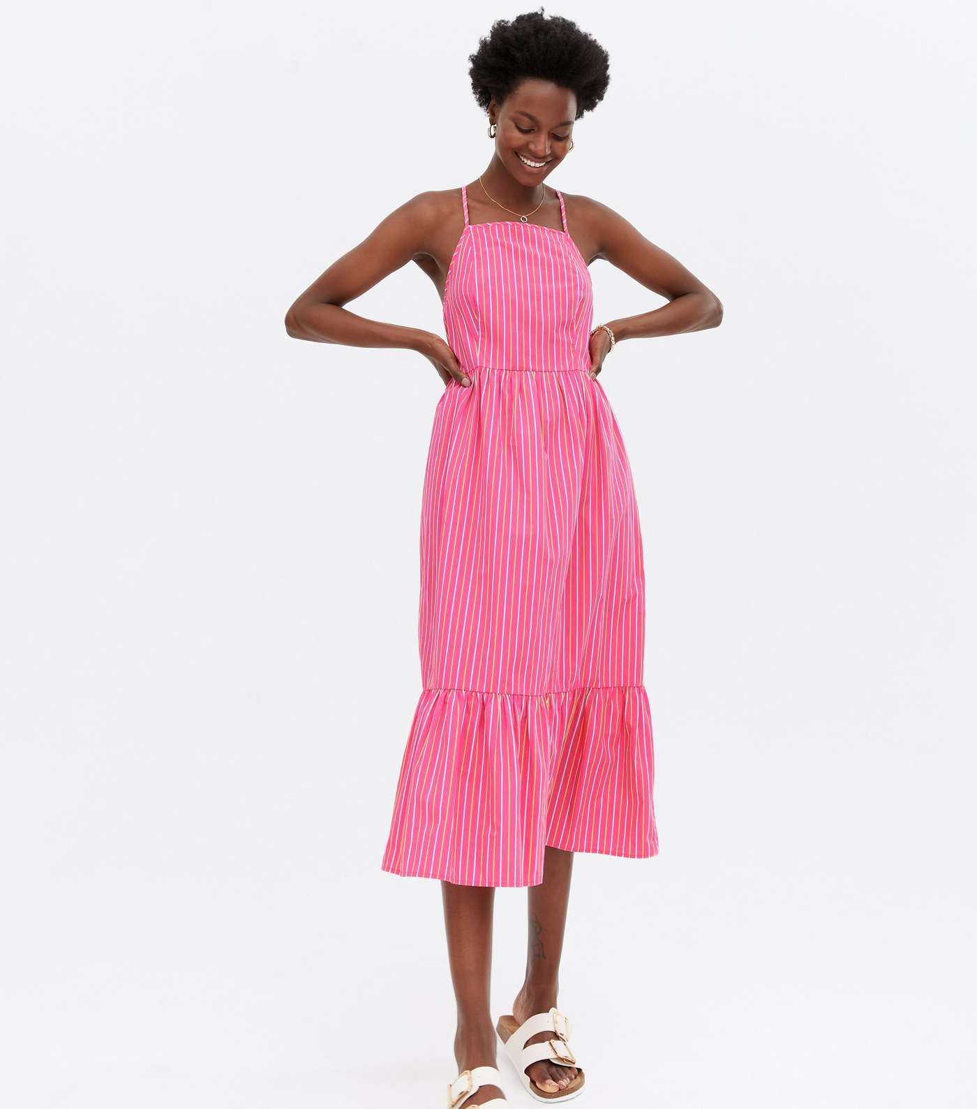 Pink Poplin Stripe Square Neck Tiered Midi Dress Image 2