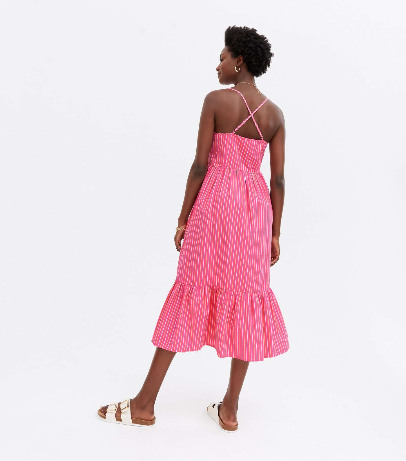 Pink Poplin Stripe Square Neck Tiered Midi Dress Image 4