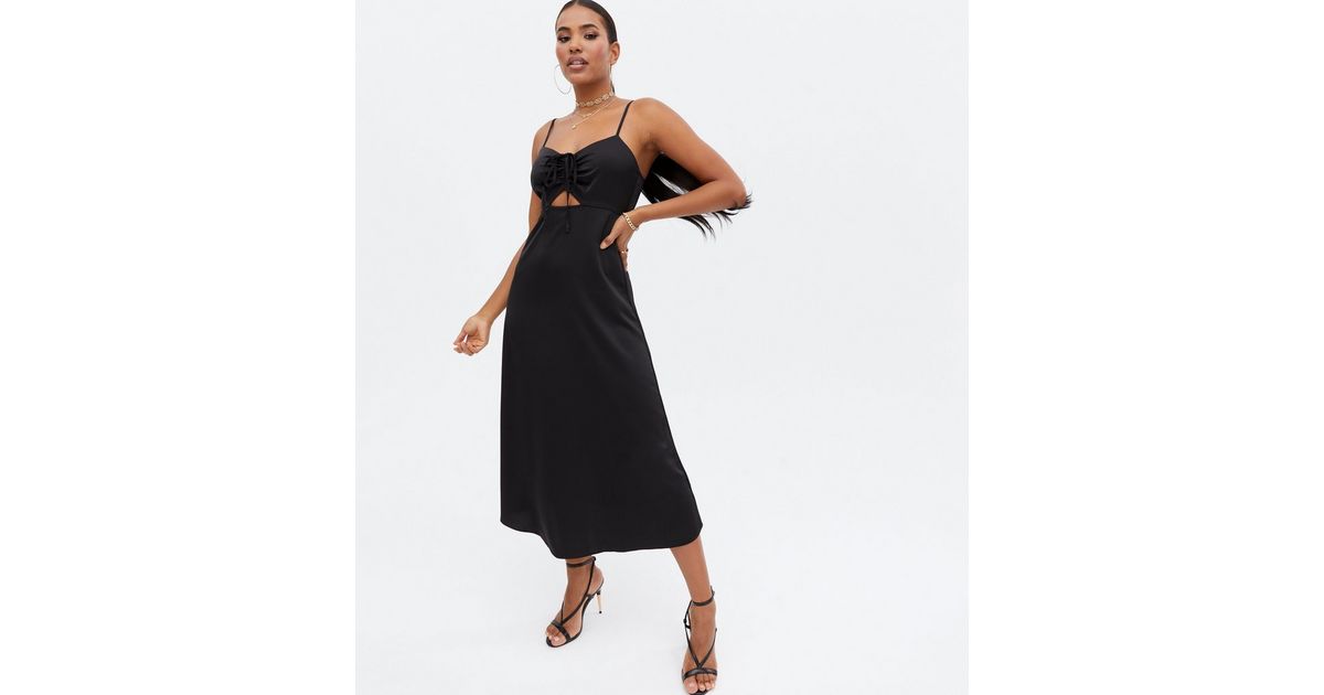 Black Satin Ruched Cut Out Midi Slip Dress | New Look
