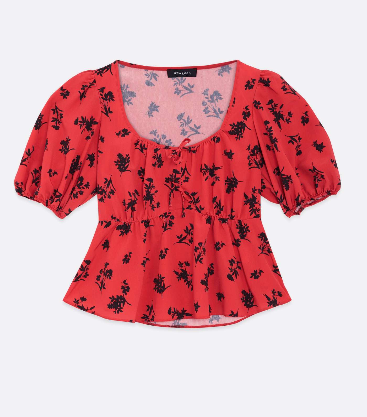 Red Floral Tie Front Peplum Tea Blouse Image 5