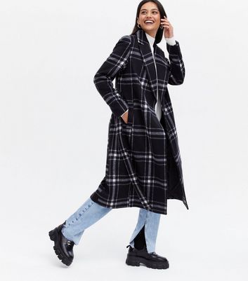 Black Check Belted Long Coat New Look