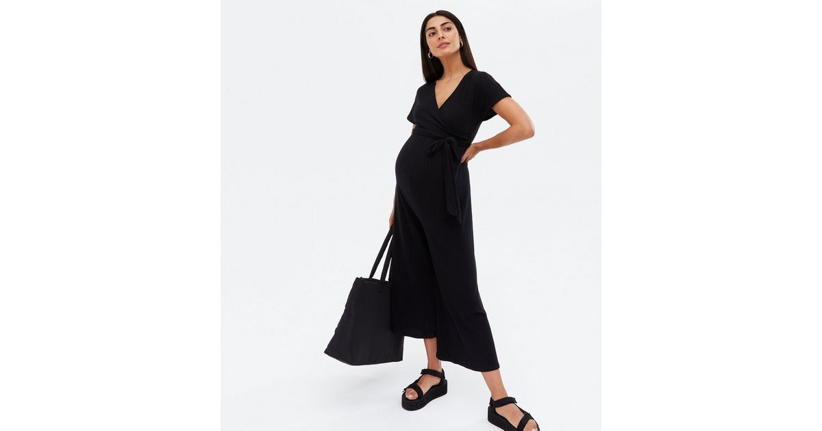 Maternity Black Ribbed Wrap Crop Jumpsuit New Look