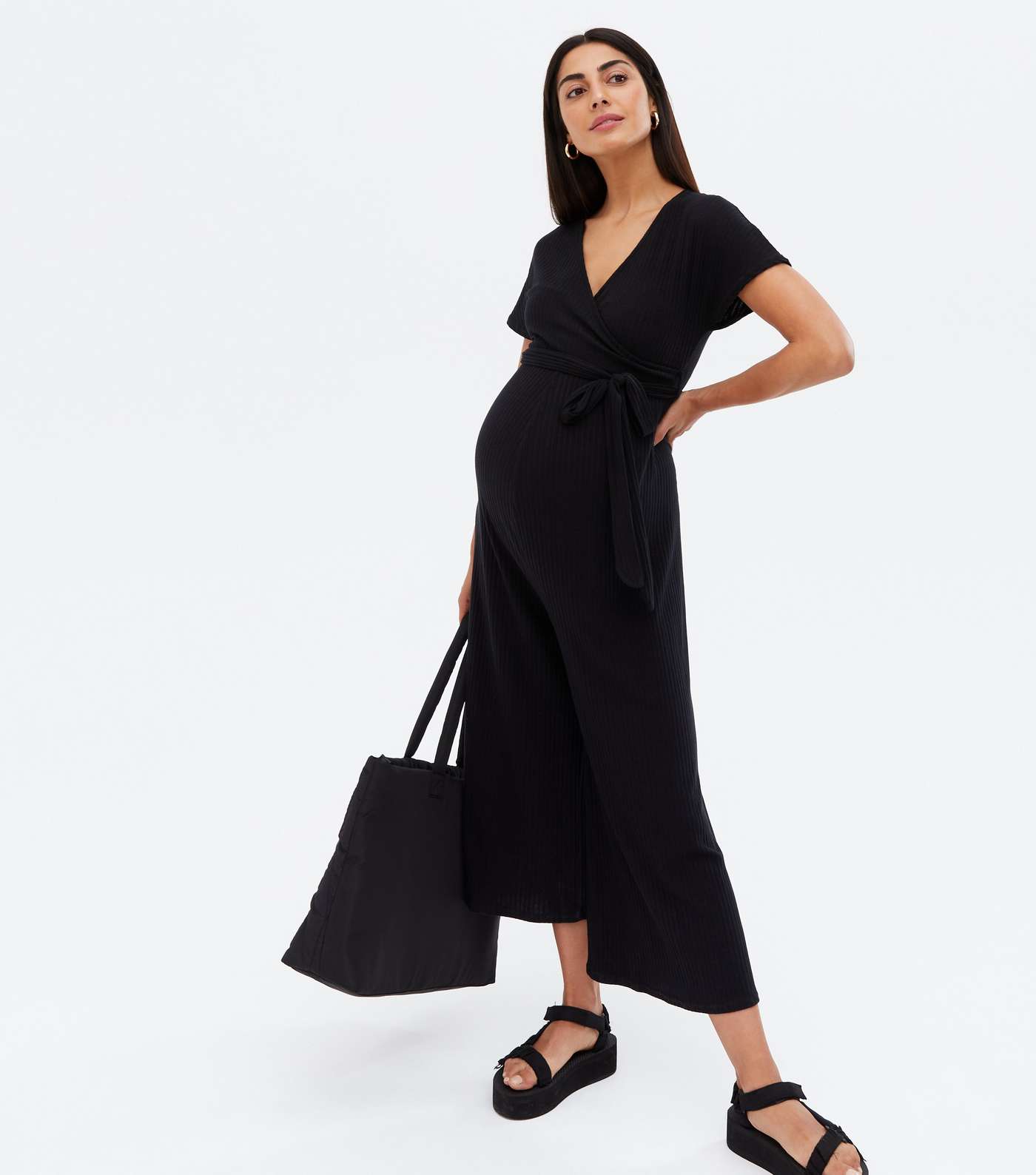 Maternity Black Ribbed Wrap Crop Jumpsuit