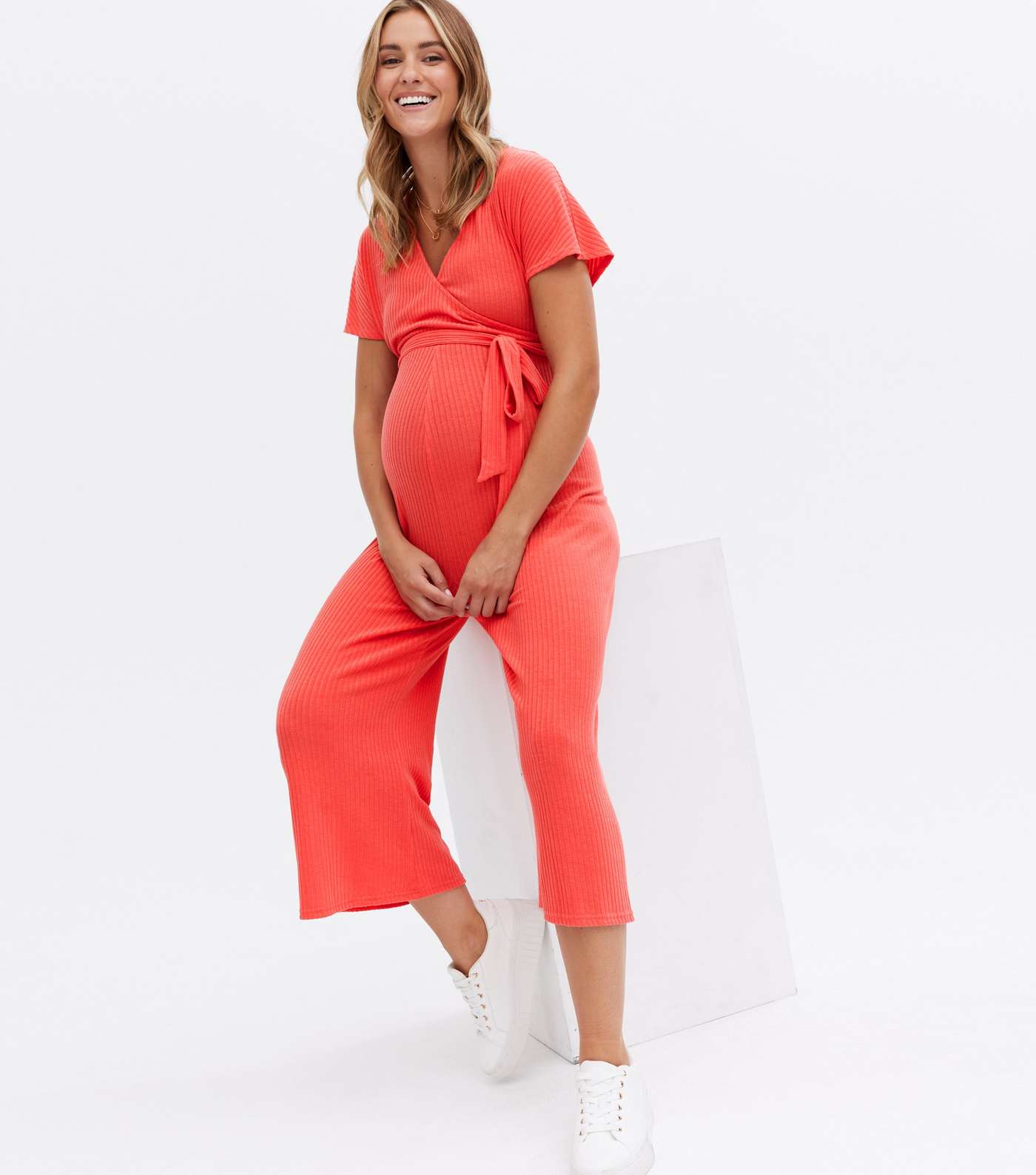 Maternity Coral Ribbed Wrap Crop Jumpsuit