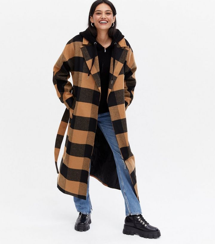 Camel Gingham Belted Long Coat new look